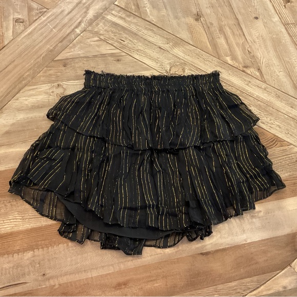LoveShackFancy Ruffle Mini Skirt Black Gold Metallic Stripe Tiered Skirt - Picture 1 of 5